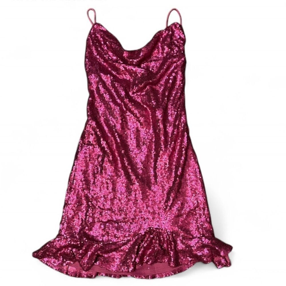 Lena Hot Pink Sequin Mini Dress with Lace up Back - Size M
